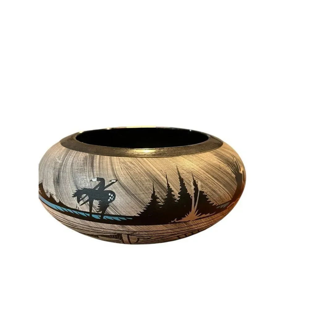 Navajo Pottery End Of The Trail Indian on Horse Mountains Black Turquoise Pot